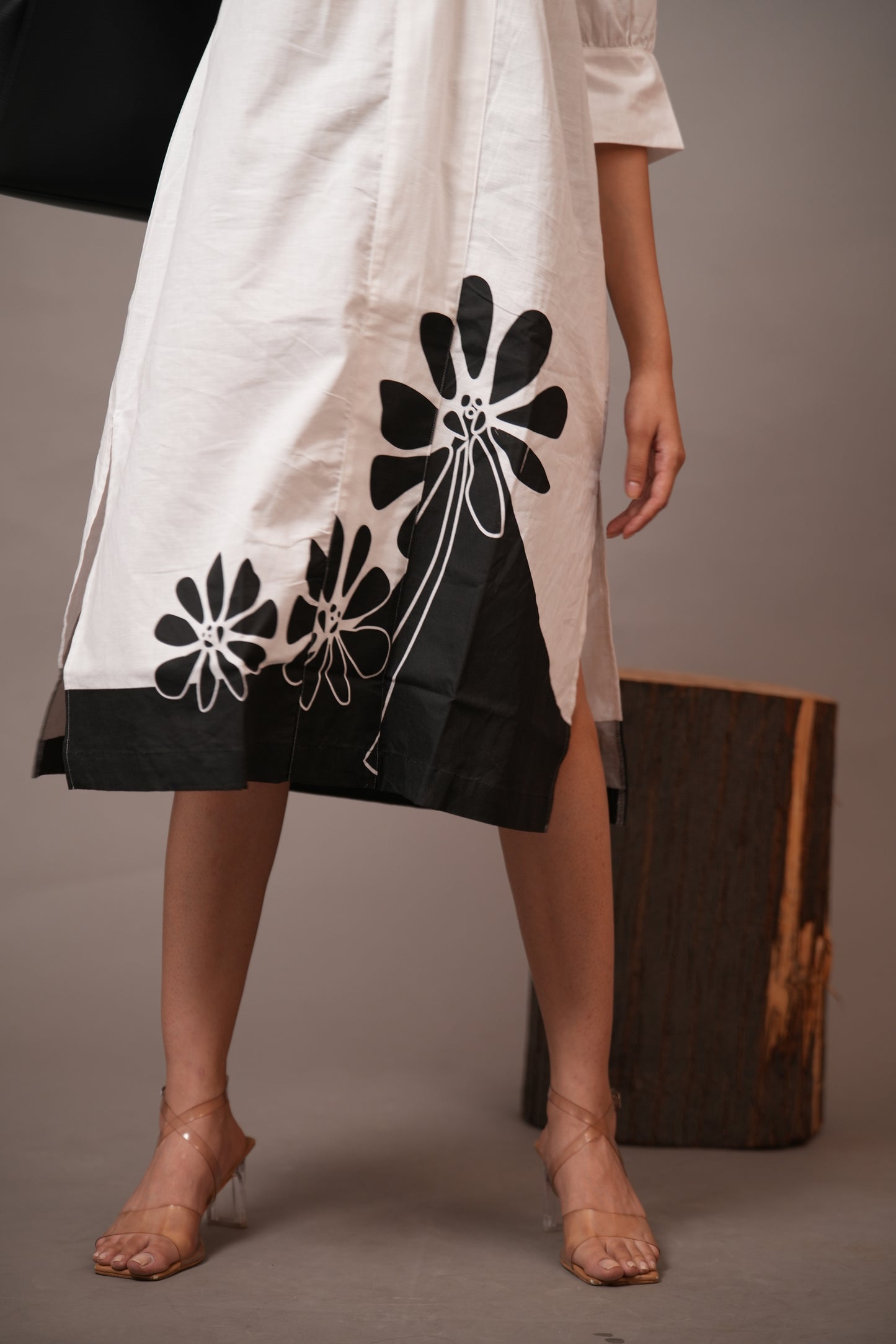 Monochrome Bloom Cotton Midi Dress