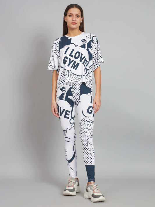 Woman wearing a white and blue 'I Love Gym' outfit on a gray background