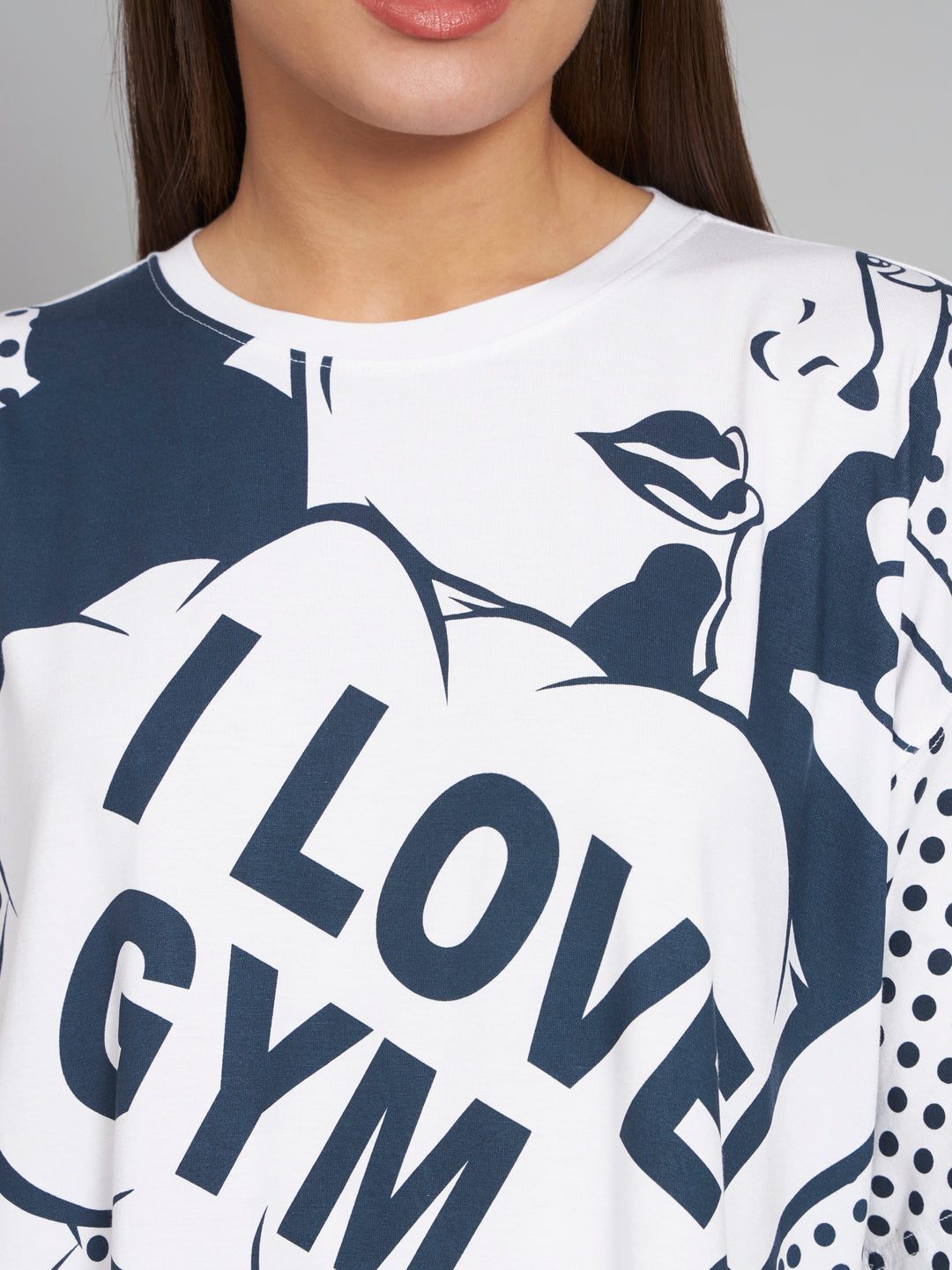White t-shirt with black graphic design and 'I LOVE GYM' text on a gray background