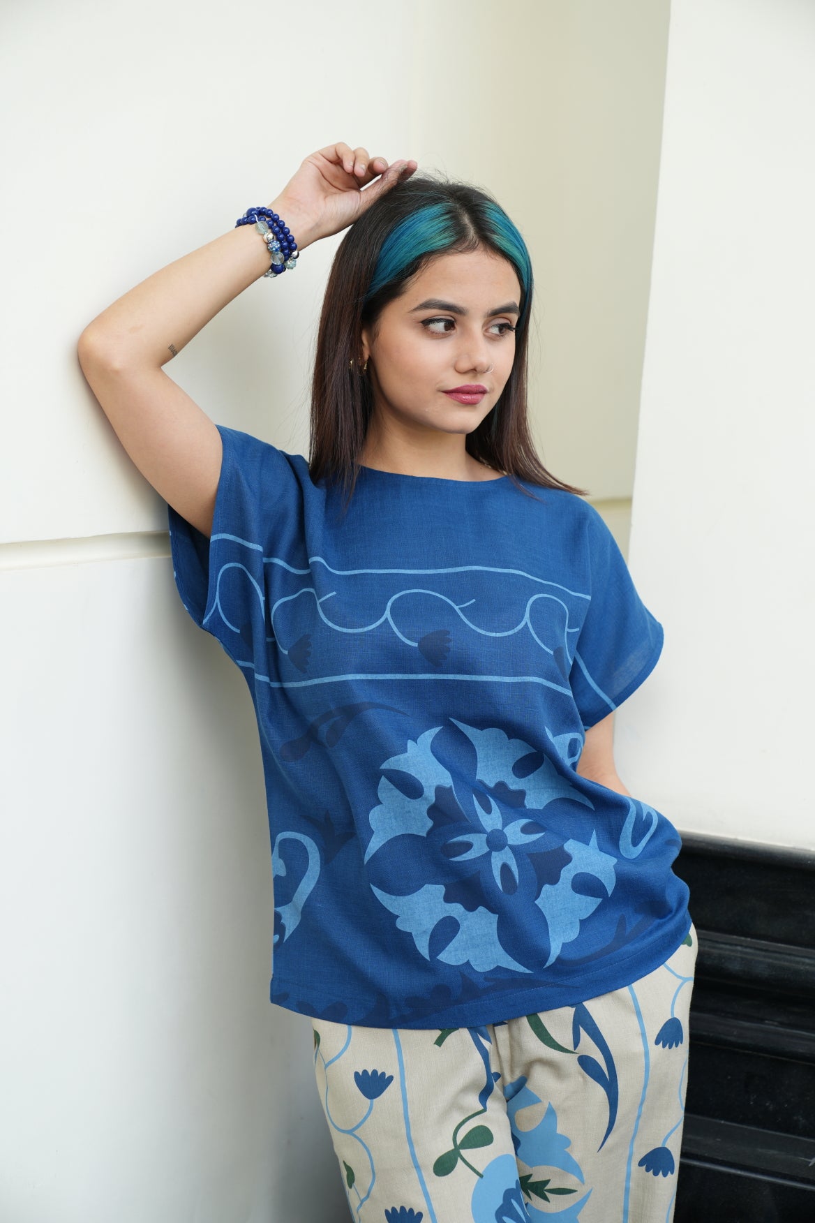 Blue Highlighted Top With Beige Printed Pants