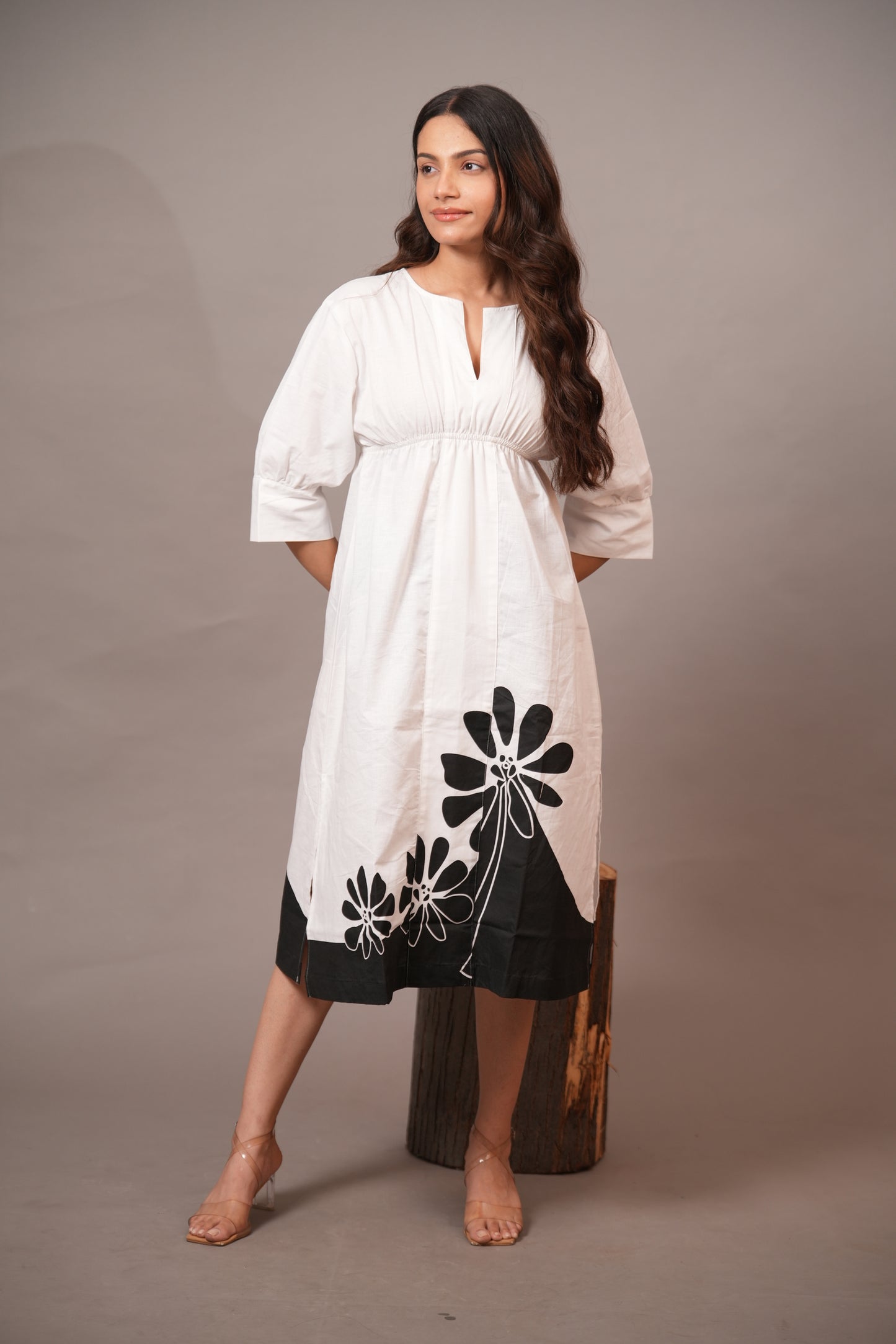 Monochrome Bloom Cotton Midi Dress