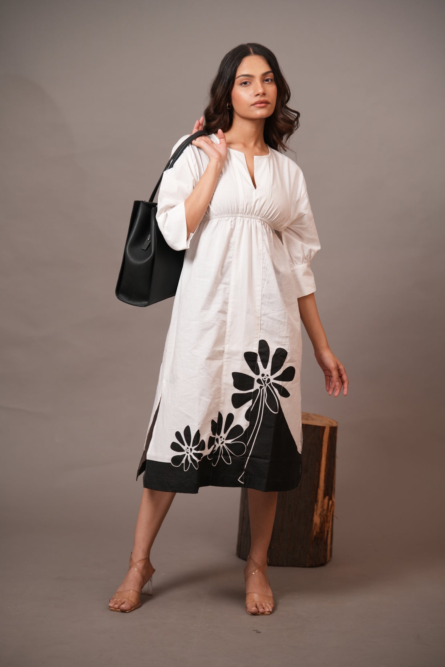 Monochrome Bloom Cotton Midi Dress