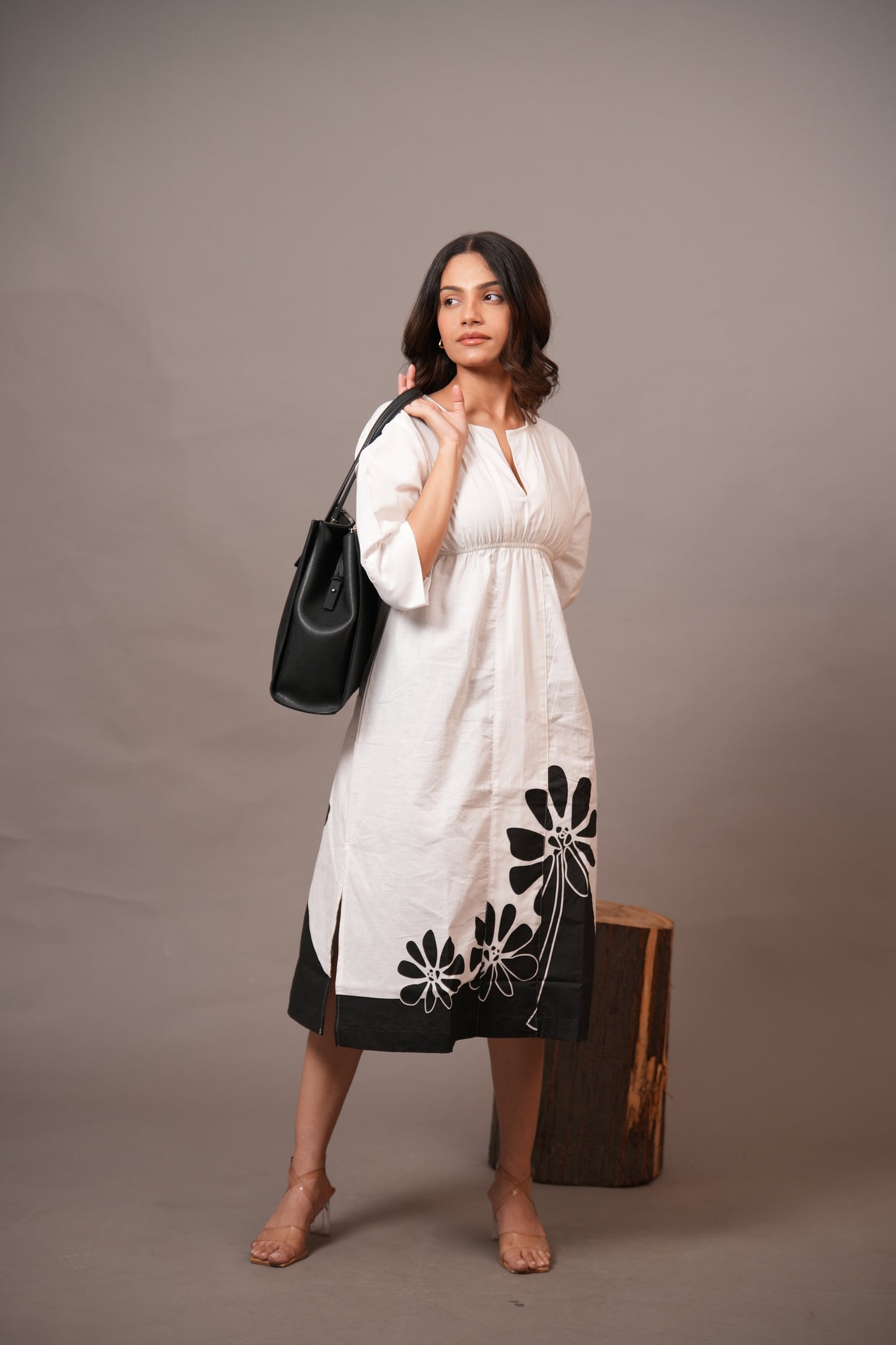 Monochrome Bloom Cotton Midi Dress