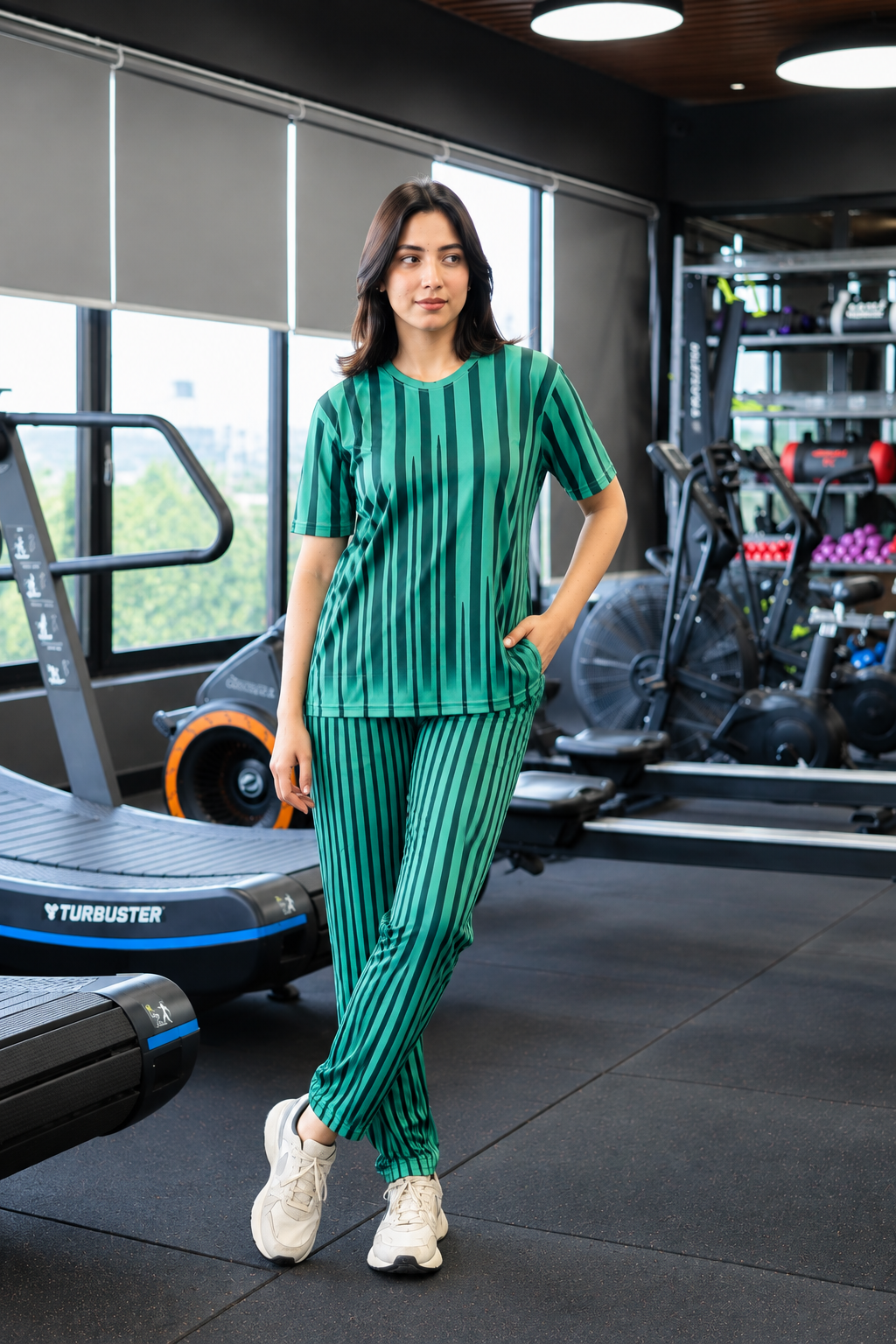 Green Vertical Stripe Stretchable Leggings Set
