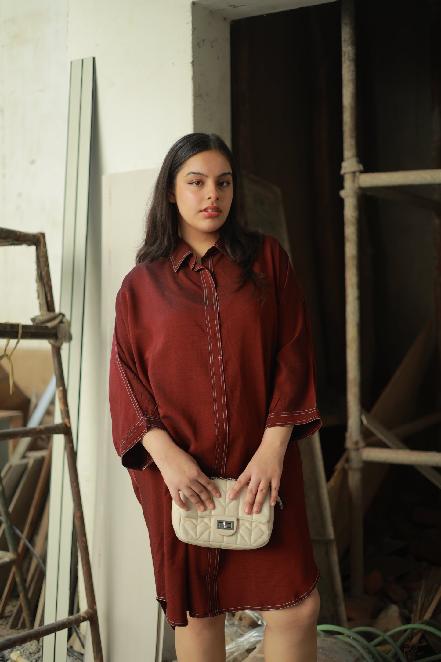Wine Red Relaxed Shirt Dress with Contrast Stitch Detailing