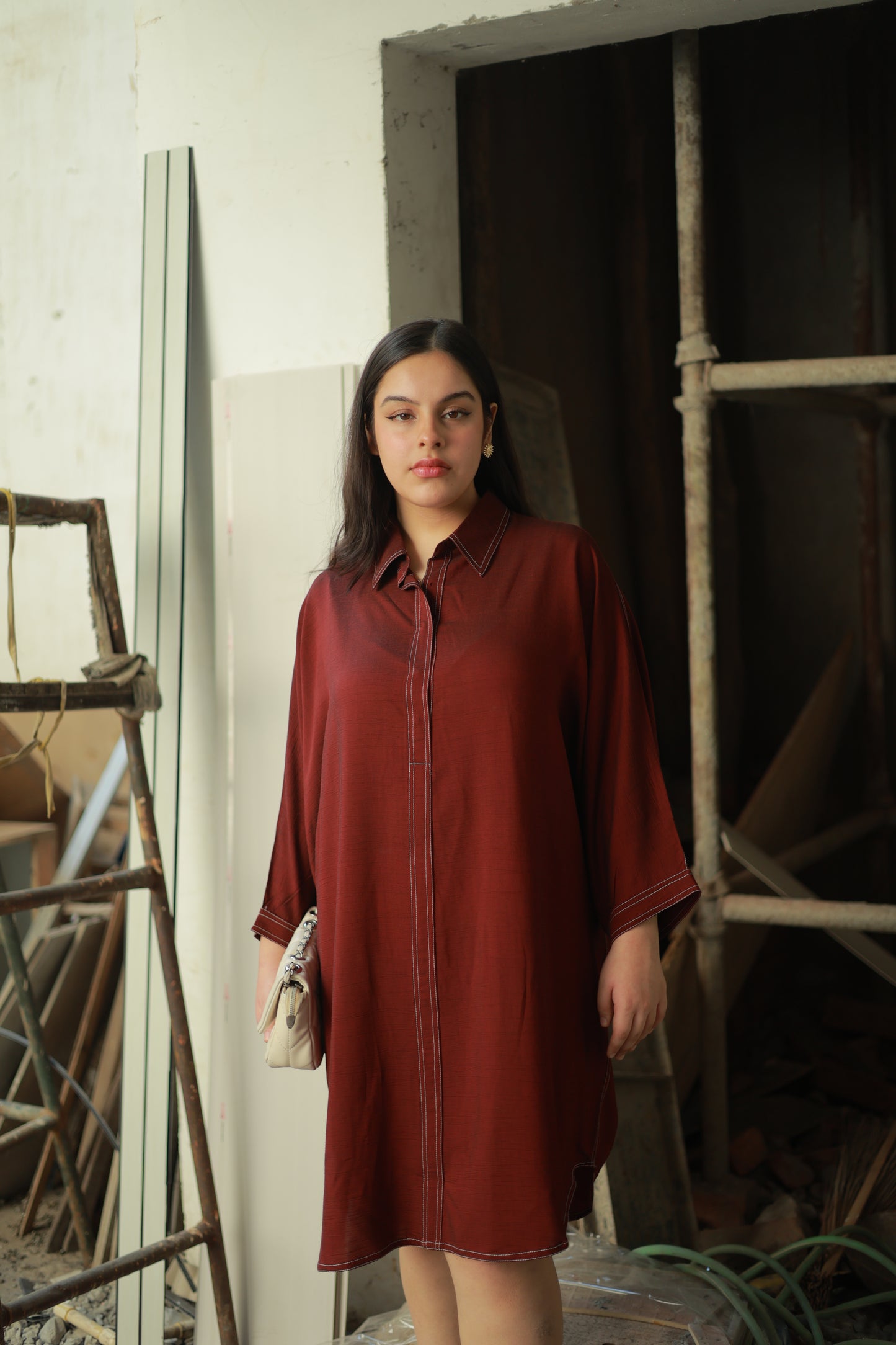 Wine Red Relaxed Shirt Dress with Contrast Stitch Detailing