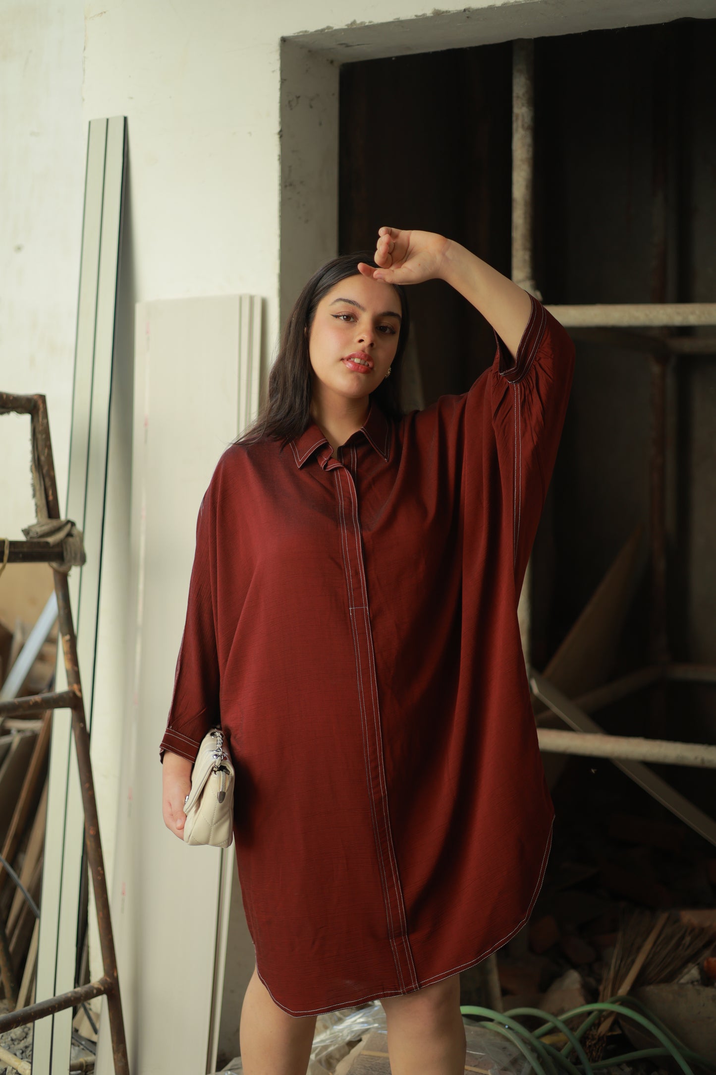 Wine Red Relaxed Shirt Dress with Contrast Stitch Detailing