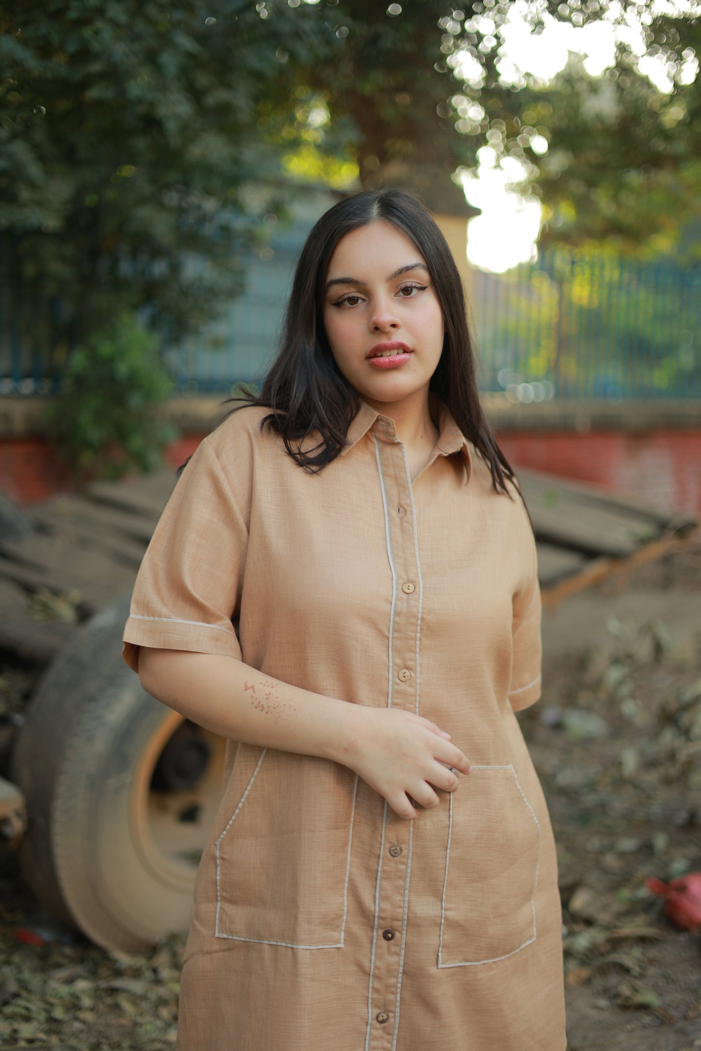 Beige Utility Shirt Midi Dress with Front Pockets & Contrast Stitch