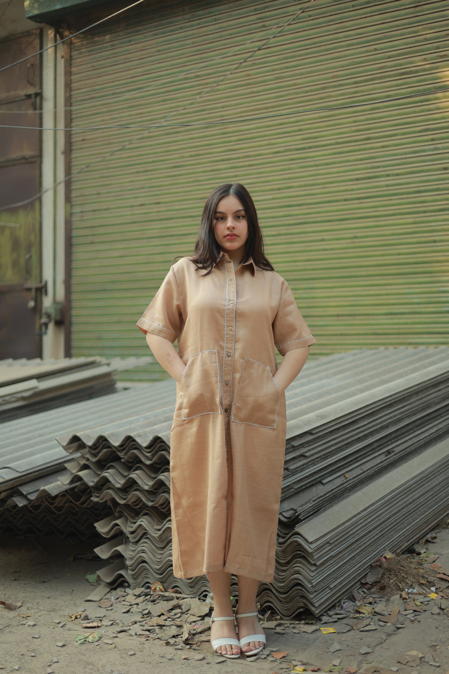 Beige Utility Shirt Midi Dress with Front Pockets & Contrast Stitch