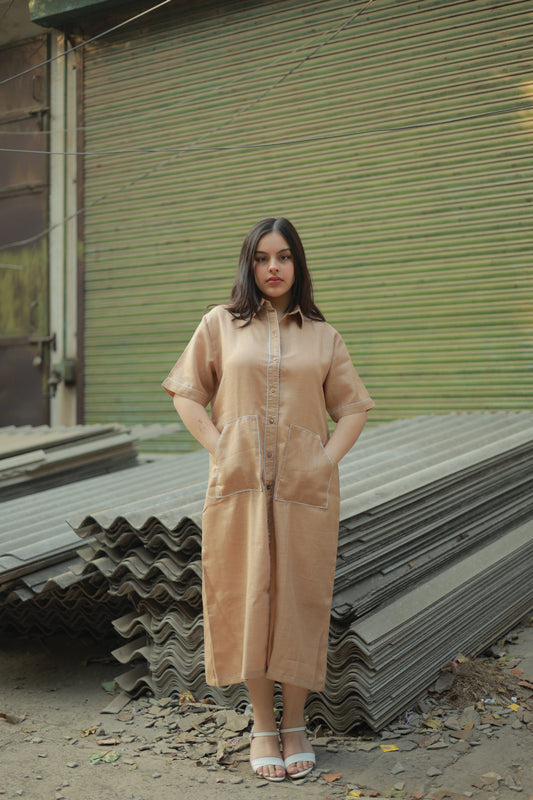 Beige Utility Shirt Midi Dress with Front Pockets & Contrast Stitch