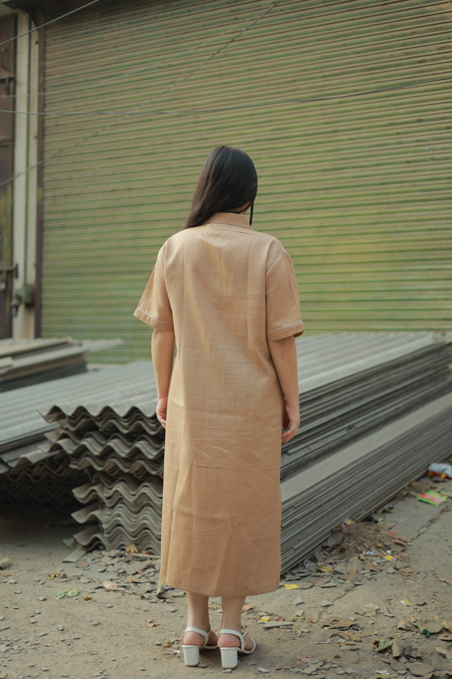Beige Utility Shirt Midi Dress with Front Pockets & Contrast Stitch