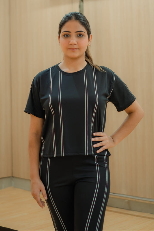 Black Striped Stretchable Leggings Set