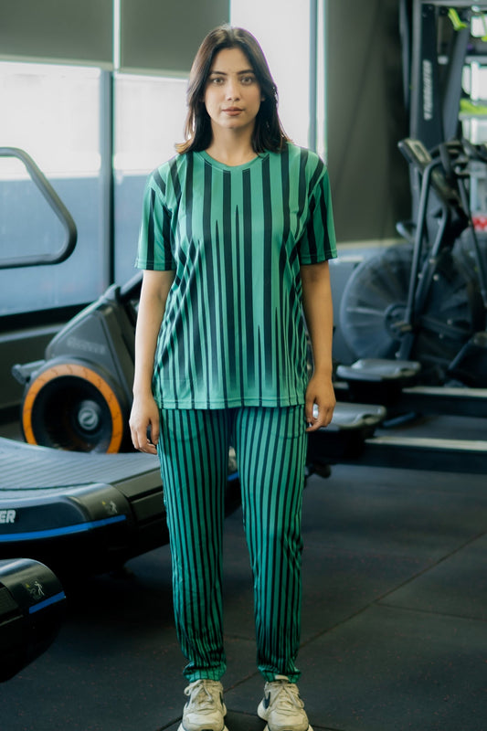 Green Vertical Stripe Stretchable Leggings Set